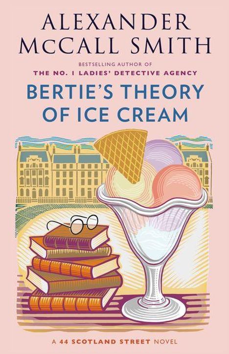 Text: "Bertie's Theory of Ice Cream" von Alexander McCall Smith. Illustration: Eisbecher, Bücherstapel, Stadthintergrund.