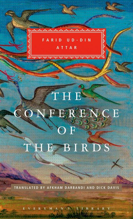 Aufschrift: "THE CONFERENCE OF THE BIRDS". Illustration mit bunten Vögeln und farbigen Bändern auf blauem Hintergrund.