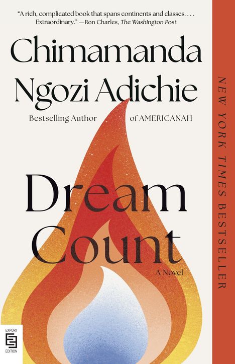 „Dream Count“ von Chimamanda Ngozi Adichie, NY Times Bestseller, Flamme in Orange- und Blautönen.