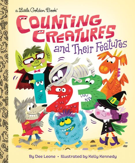 "Counting Creatures and Their Features." Zahlreiche bunte Illustrationen von Monstern, Zahlen und Figuren auf hellem Hintergrund.