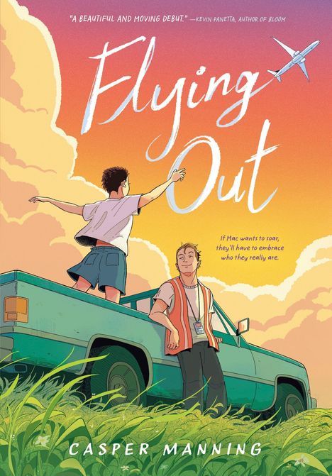 "Flying Out" in großer Schrift vor farbigem Himmel. Person steht auf einem Pickup, eine andere lehnt sich an. Gras im Vordergrund.