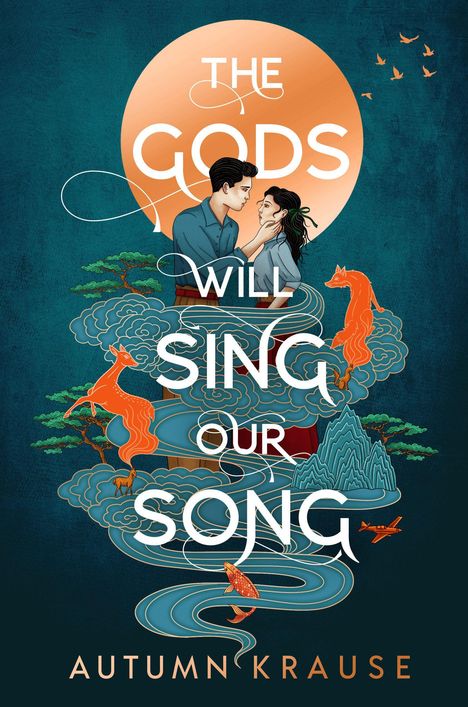 „THE GODS WILL SING OUR SONG“ und „AUTUMN KRAUSE“. Eine fantasievolle Illustration mit Paar, Füchsen, Bäumen und Fluss.