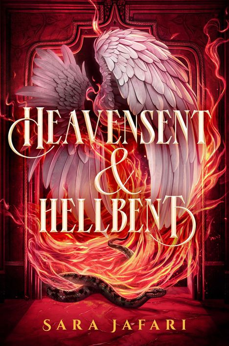 "Heavensent & Hellbent" und "Sara Jafari" in stilvoller Schrift. Flügel und Flammen umrahmen eine Schlange.