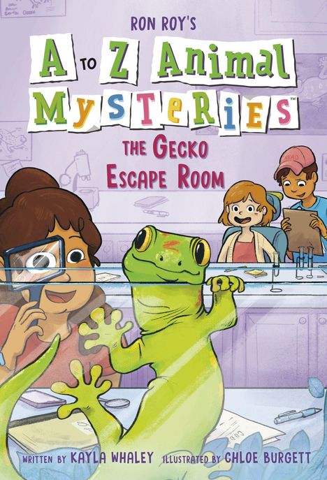 "A to Z Animal Mysteries: The Gecko Escape Room" Logo mit lachendem Kind, Gecko und zwei Kindern im Hintergrund.