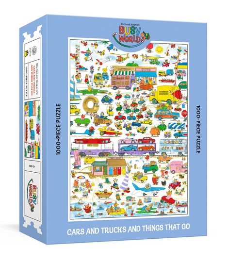 Ein Puzzle mit dem Titel "Richard Scarry's Busy World" zeigt viele Fahrzeuge und bunte Szenen.