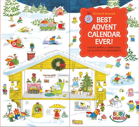 Text: "Richard Scarry's Best Advent Calendar Ever! Count down to Christmas with 25 pop-out ornaments." Illustration zeigt eine belebte Winterlandschaft mit Tieren, die weihnachtliche Aktivitäten ausführen.