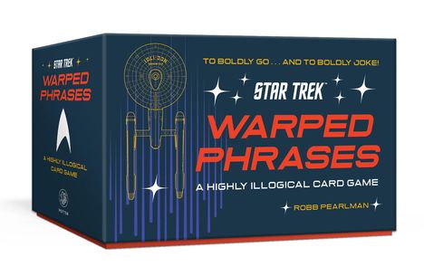 Box mit "Star Trek: Warped Phrases". Raumfahrzeug-Illustration, gelbe und weiße Sternen-Grafiken auf dunkelblauem Hintergrund.