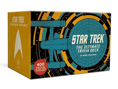 "Star Trek: The Ultimate Trivia Deck" mit einem Raumschiff-Design, 400 Fragen zur Wissensprüfung, auf einer Box.