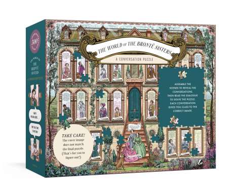 „The World of the Brontë Sisters: A Conversation Puzzle“. Puzzlebox mit viktorianischem Haus und Figuren.