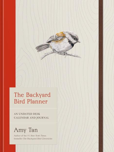"The Backyard Bird Planner", ein undatierter Tischkalender und Tagebuch von Amy Tan. Illustration: Vogel auf Ast.