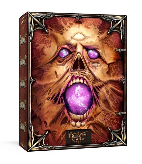 "Baldur's Gate" steht unten. Ein schädelförmiges Gesicht mit lila leuchtendem Mund; verziert mit metallischen Ecken.