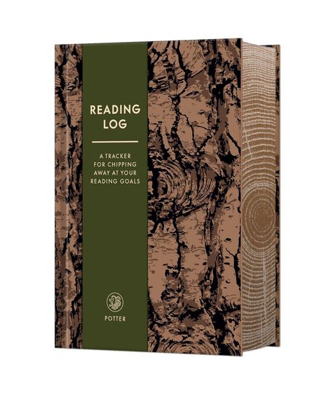 "READING LOG: A tracker for chipping away at your reading goals." Ein Buch mit Holzmuster und grünem Streifen.