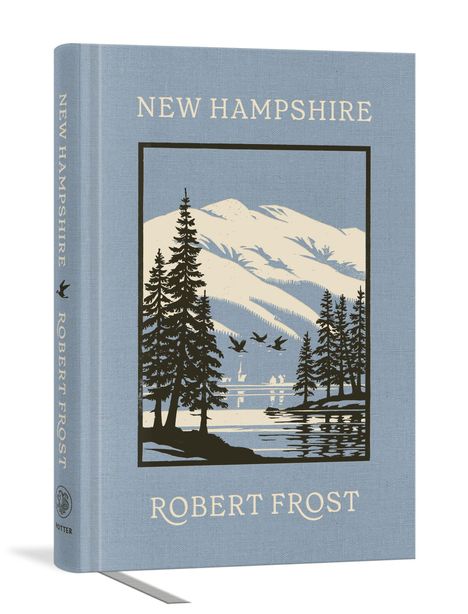 "NEW HAMPSHIRE" und "ROBERT FROST" auf blauem Einband. Illustration: Bäume, Berge, See und fliegende Vögel.