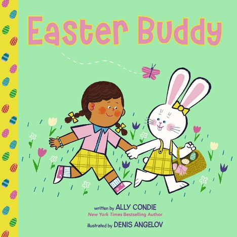 Titel: "Easter Buddy". Ein Mädchen und ein Hase halten Hände, der Hase trägt einen Korb voller Eier.
