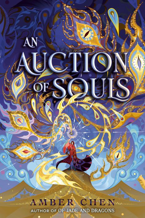 "AN AUCTION OF SOULS" steht im Mittelpunkt. Farbige, wirbelnde Muster mit Auge-Motiven und Person in rotem Gewand.
