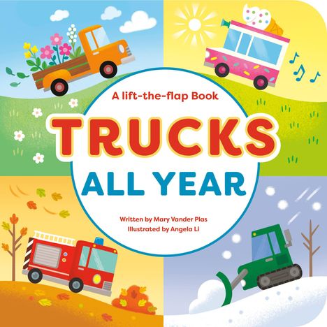 Text: „A lift-the-flap Book TRUCKS ALL YEAR“. Illustration von vier Jahreszeiten mit farbigen Trucks.