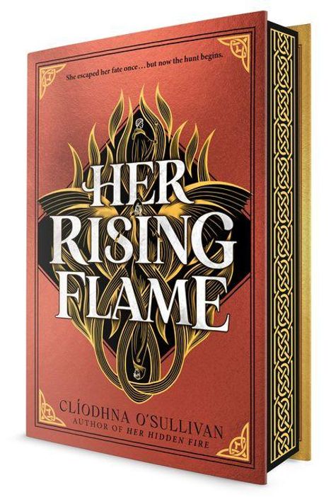"Her Rising Flame" von Clíodhna O'Sullivan. Roter Buchumschlag mit goldenen Flammen und keltischen Mustern.