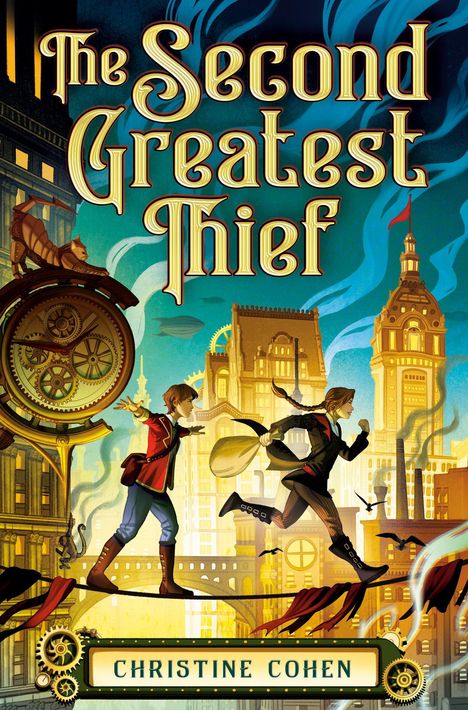 "The Second Greatest Thief", Christine Cohen. Zwei Figuren balancieren über einer Stadt auf einem Seil, umgeben von Uhrwerken.