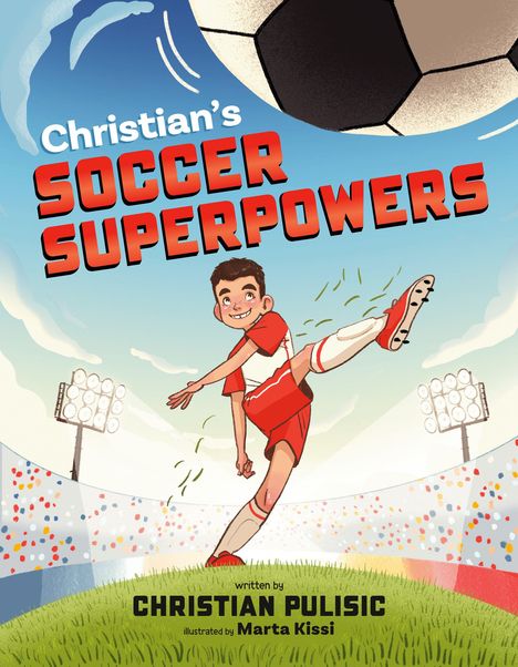 "Christian’s Soccer Superpowers". Junge in rotem Trikot schießt Ball im Stadion. Helle Farben, fröhliche Atmosphäre.