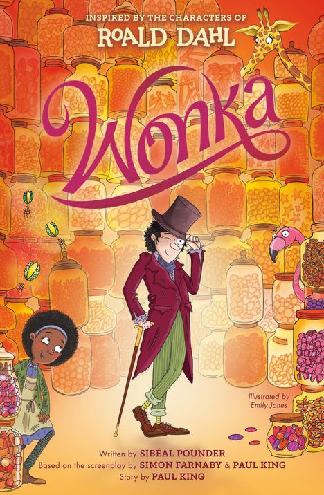 "Wonka" in großer violetter Schrift, inspiriert von Roald Dahl. 

Illustration: Ein Mann mit Zylinder und Stock, umgeben von Süßigkeiten und einem Kind.