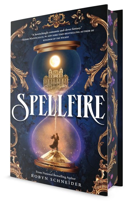 „SPELLFIRE“ steht in großen Buchstaben. Darunter eine Sanduhr mit einem Schloss und einem tanzenden Paar.