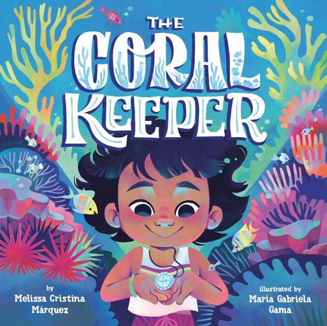 "The Coral Keeper" in großen Buchstaben, fröhliches Kind hält Koralle, umgeben von bunten Meeresbewohnern und Korallen.