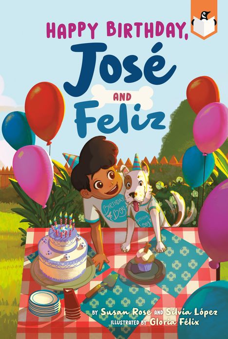 "Happy Birthday, José and Feliz" steht oben. Ein Junge und ein Hund feiern mit Kuchen und Luftballons im Garten.