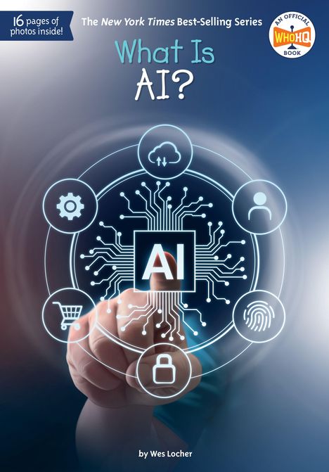 „What Is AI?“ mit einem Finger, der auf ein zentrales Symbol zeigt. Symbole umgeben es, wie ein Schloss und eine Wolke.