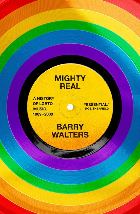 Ein gelbes Schallplatten-Etikett mit "Mighty Real", umgeben von bunten Regenbogenfarben.