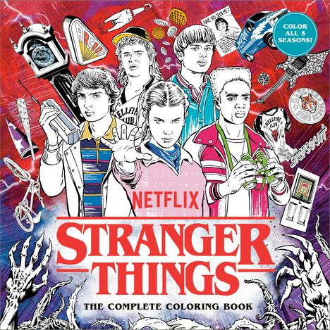 "NETFLIX", "STRANGER THINGS", "THE COMPLETE COLORING BOOK". Illustration zeigt 80er-Jahre-Motive und Figuren aus einer Serie.