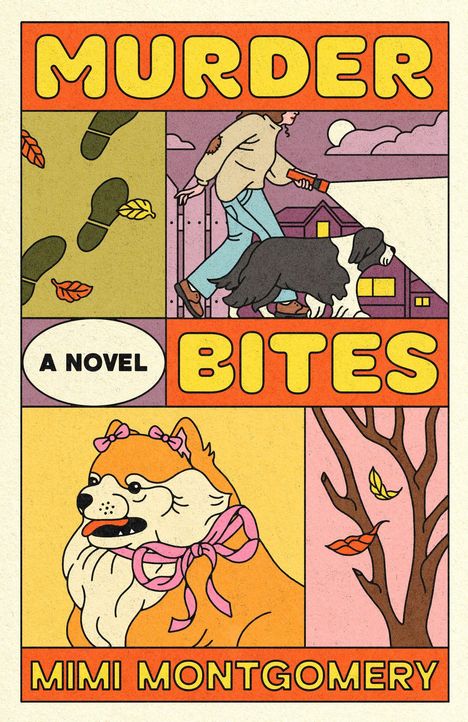 "MURDER BITES" und "A NOVEL" in bunten Buchstaben. Illustration: Mann mit Hund, Herbstszene mit Hund, Baum und Blättern.