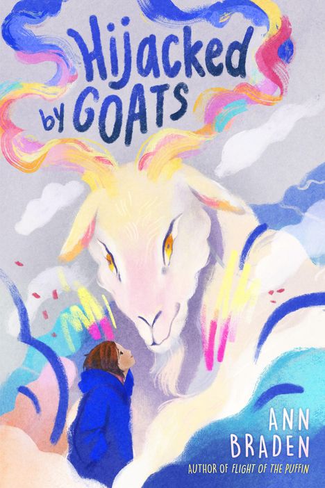 „Hijacked by Goats“, bunte Illustration: Eine riesige Ziege mit Regenbogenhörnern schaut auf ein Mädchen in Blau.