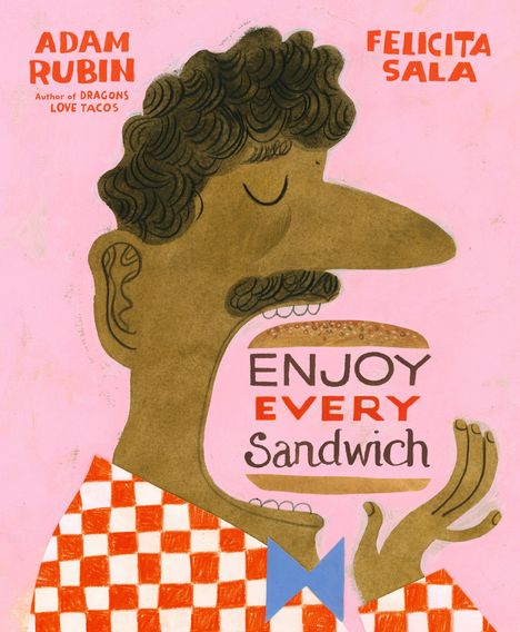 Text: "Enjoy Every Sandwich". Illustration: Person is im Profil, beißt in ein Sandwich. Hintergrund rosa.