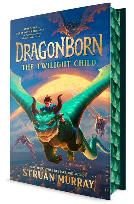 "Dragonborn: The Twilight Child" von Struan Murray. Illustration: Junge auf einem fliegenden Drachen im Sonnenuntergang.