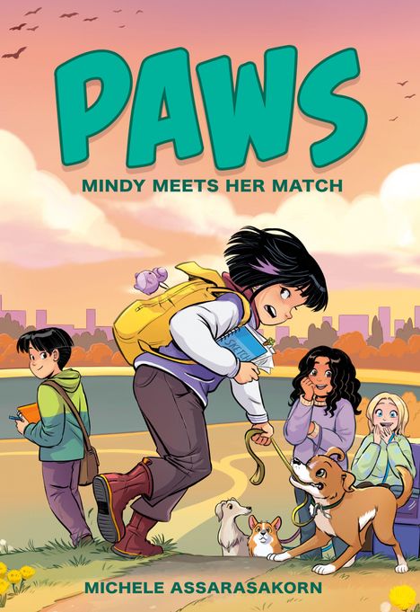 "PAWS - Mindy Meets Her Match" oben im Bild. Vier Kinder gehen mit Hunden in einem Park.