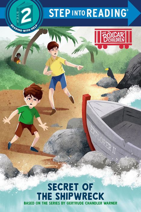 STEP INTO READING, THE BOXCAR CHILDREN, SECRET OF THE SHIPWRECK. Zwei Kinder am Strand, ein Boot und Palmen im Hintergrund.