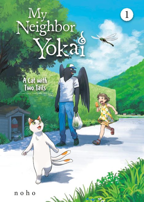 "My Neighbor Yokai", "A Cat with Two Tails", "noho". Illustration eines Vogelmenschens, eines zweischwänzigen Katers und eines Kindes.