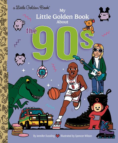 "My Little Golden Book About the 90s": Illustration mit Dinosaurier, Basketballspieler, Musiker, Spielzeug und Rollerblades.