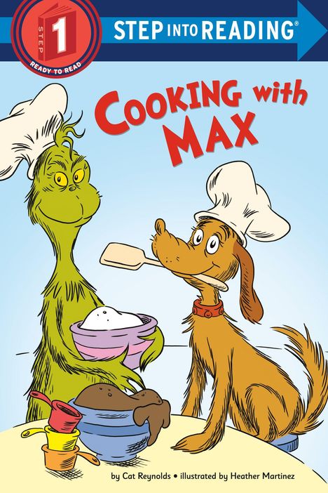 Text: "Cooking with Max", "Step into Reading". Illustration: Grüner, zotteliger Charakter hält eine Schüssel, Hund mit Kochmütze.