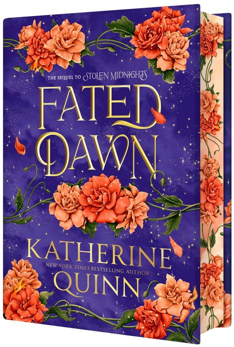 "Fated Dawn" von Katherine Quinn. Violetter Hintergrund mit orangen Blumen und goldener Schrift, dekorative Ranken.