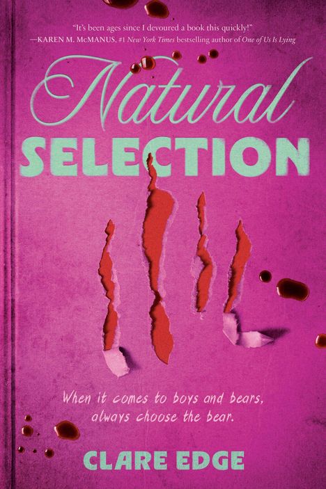 "Natural Selection" in türkis und pink mit Kratzspuren und Blutspritzern auf einem Buchcover.