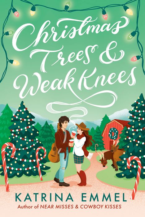 „Christmas Trees & Weak Knees“. Zwei Personen mit heißen Getränken, Tannenbäume, Lichterketten, Rentier und Süßigkeitenstangen.