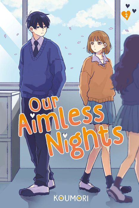 "Our Aimless Nights" und "KOUMORI". Illustration von zwei Jugendlichen in Schuluniformen, umgeben von Kirschblüten.