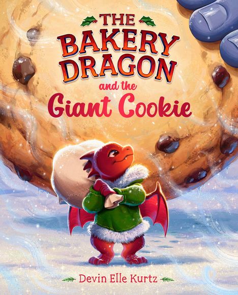 "The Bakery Dragon and the Giant Cookie." Kleiner roter Drache in Winterkleidung steht vor einem riesigen Keks. Illustration.