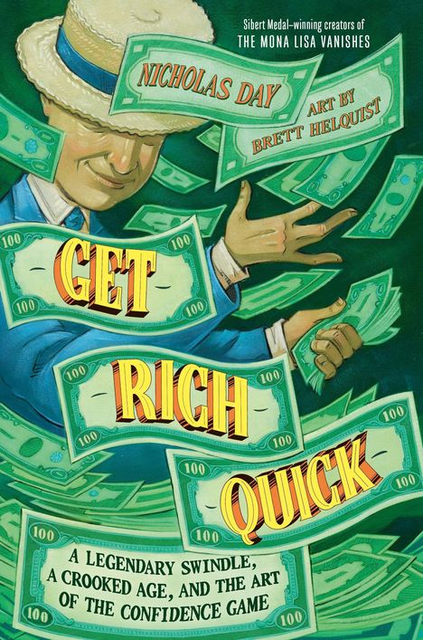 "GET RICH QUICK" in großen Buchstaben. Geldscheine fliegen umher. Ein Mann im Anzug hält einige Scheine.