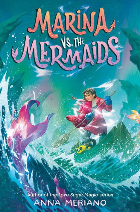 "MARINA VS. THE MERMAIDS" in bunten Buchstaben, Mädchen mit Netz und Meeresszene, dynamische Farben und Wellen.
