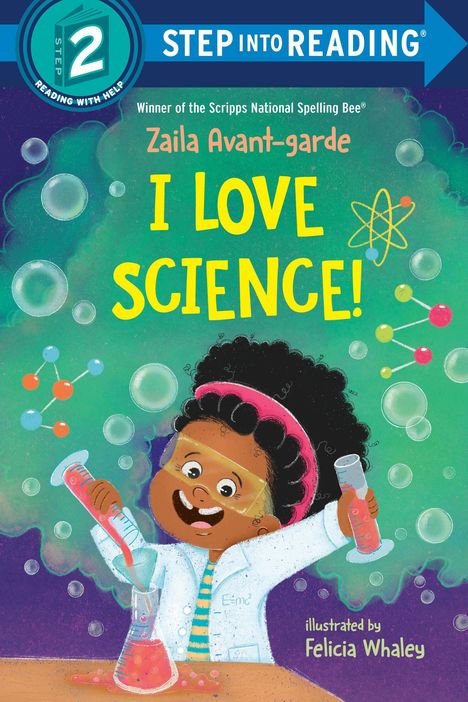 "STEP INTO READING", "I LOVE SCIENCE!" Mädchen im Labor mit Reagenzgläsern und Schutzbrille, Darstellung lebendig und fröhlich.