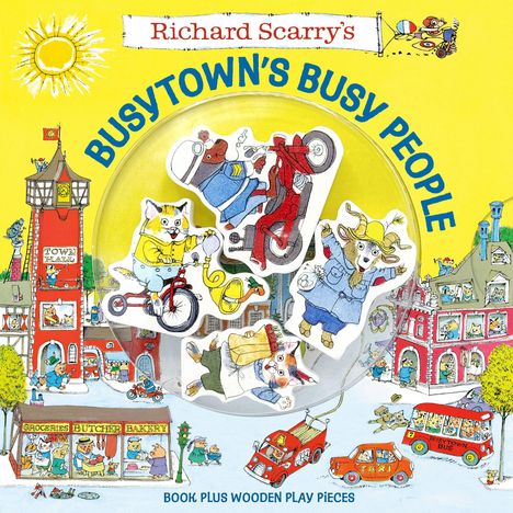 "Richard Scarry's Busytown's Busy People". Illustration mit Tieren in Fahrzeugen, Stadtleben und fröhlichen Farben.