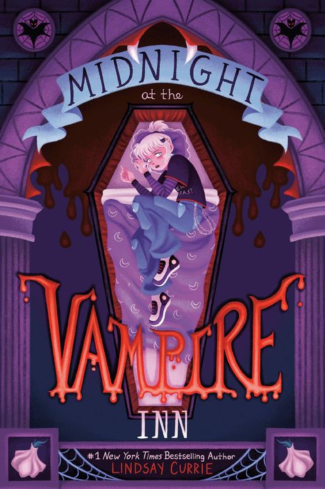 "Midnight at the Vampire Inn" oben, "Lindsay Currie" unten. Illustration: Junge mit hellem Haar in einem Sarg.