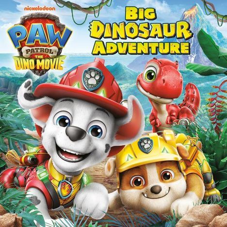 Text: "Big Dinosaur Adventure", "Paw Patrol The Dino Movie". Drei fröhliche, animierte Tiere vor einer Dschungellandschaft.